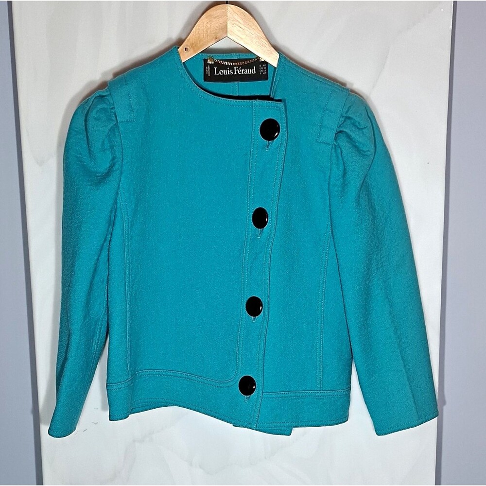 Vintage 80s Louis Feraud Jacket Sz 10 Teal Collarless Puff Sleeve West Germany